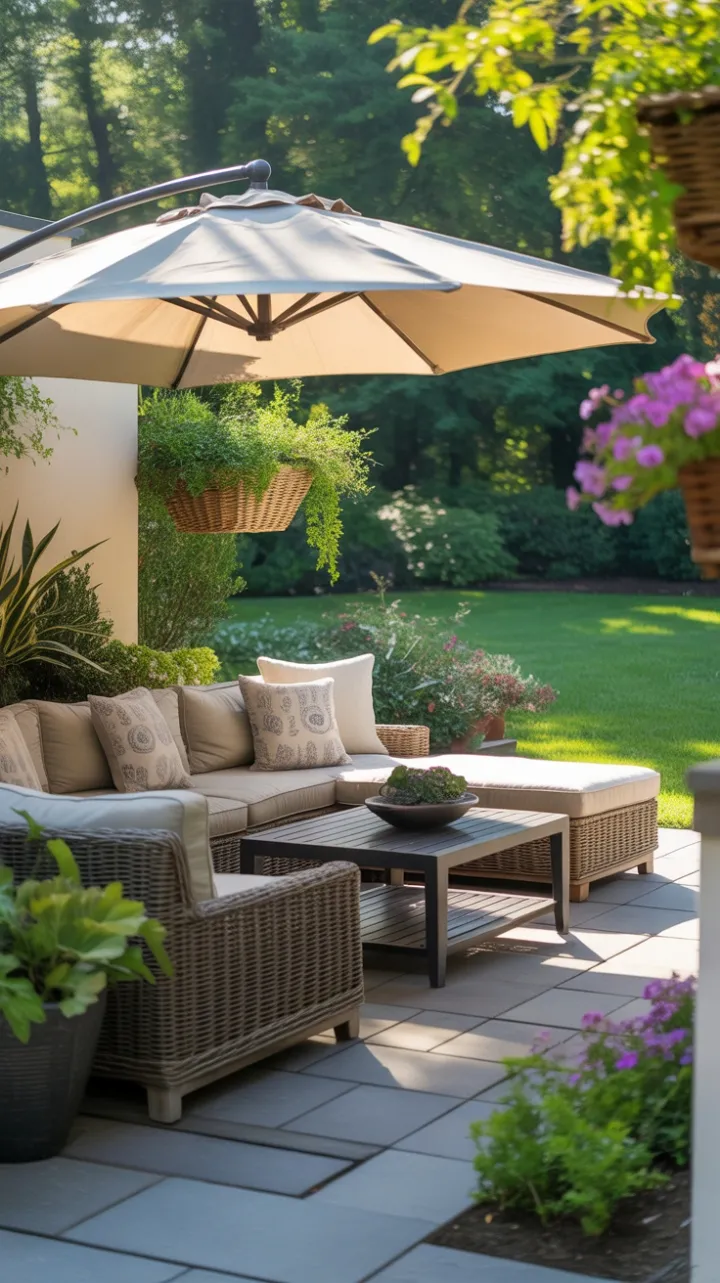 Sunlit Backyard Oasis with Cozy Wicker Lounge and Blooming Borders