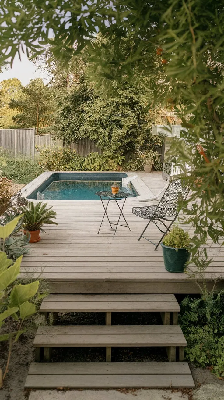 Escape to a tranquil backyard oasis with a private pool and lush surroundings