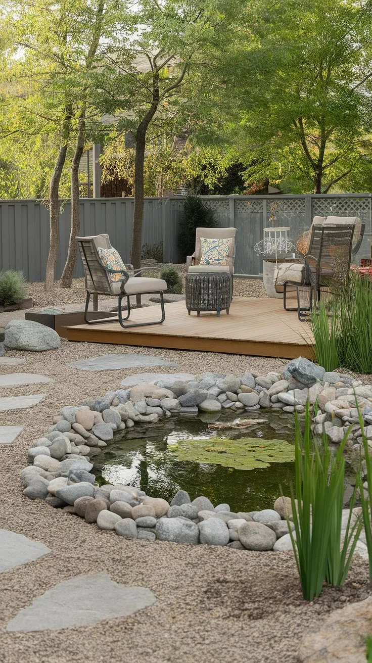 A serene backyard patio features a tranquil pond, inviting deck furniture, and a gravel pathway, creating a harmonious outdoor retreat.