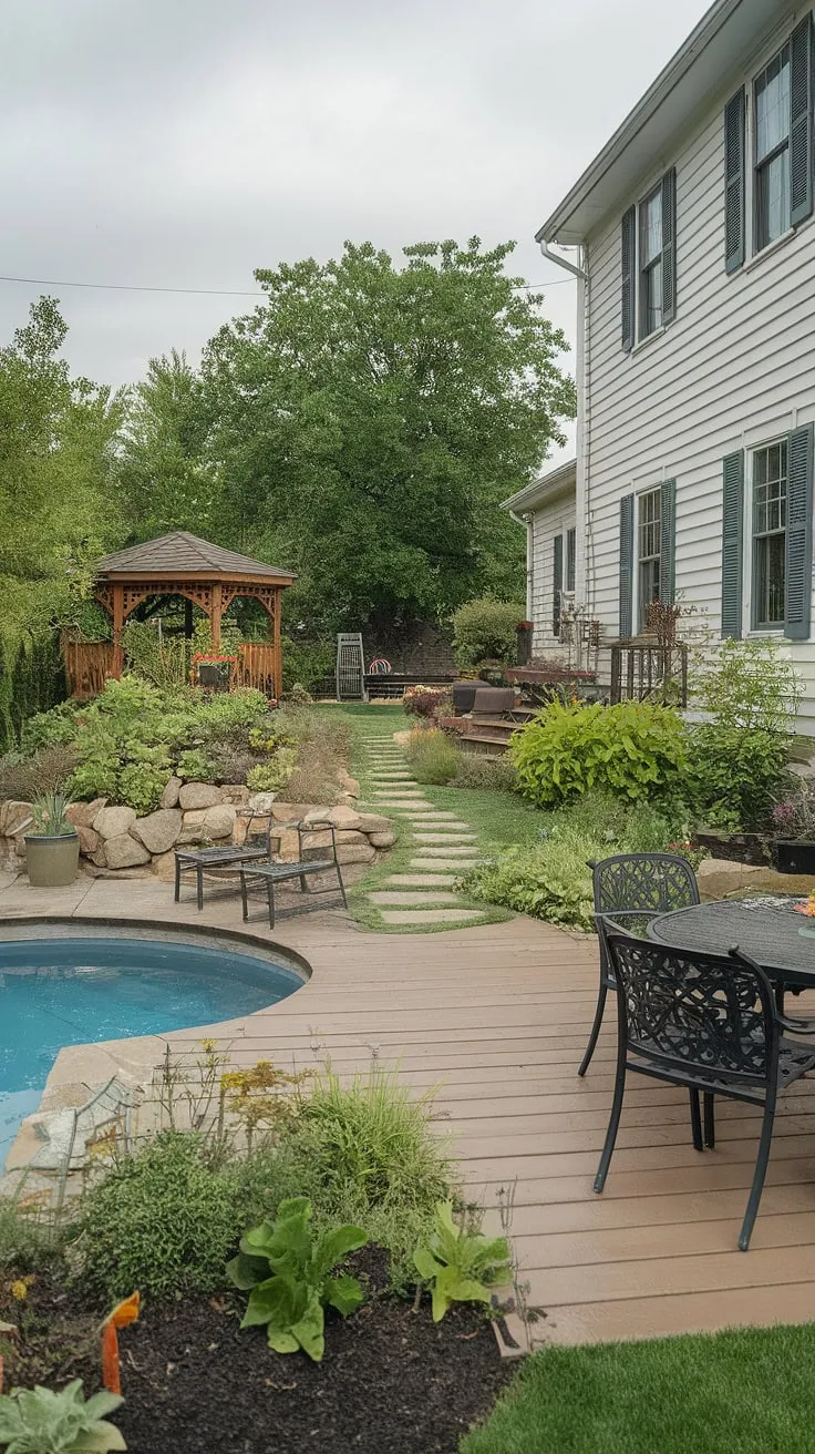 A tranquil backyard oasis features a small pool, lush gardens, and a charming gazebo, all set against a backdrop of a white house under a gray sky