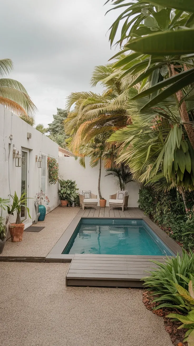 A tranquil backyard oasis features a small pool, wooden deck, and lush greenery, perfect for relaxation.