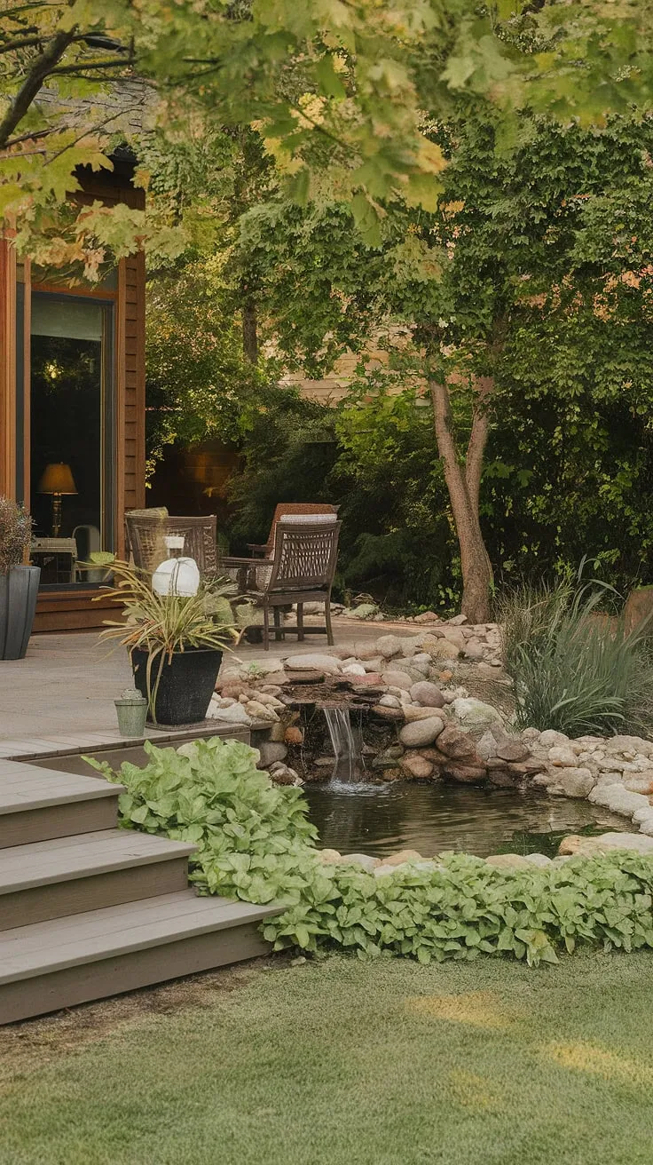 A tranquil backyard oasis features a cascading waterfall, lush greenery, and a charming wooden deck leading to a peaceful patio
