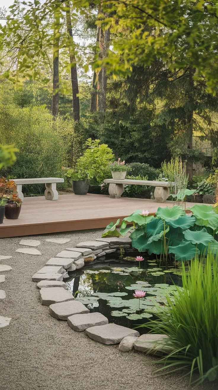 A serene backyard patio features a wooden deck, tranquil pond, stone accents, and lush greenery creating a peaceful oasis.