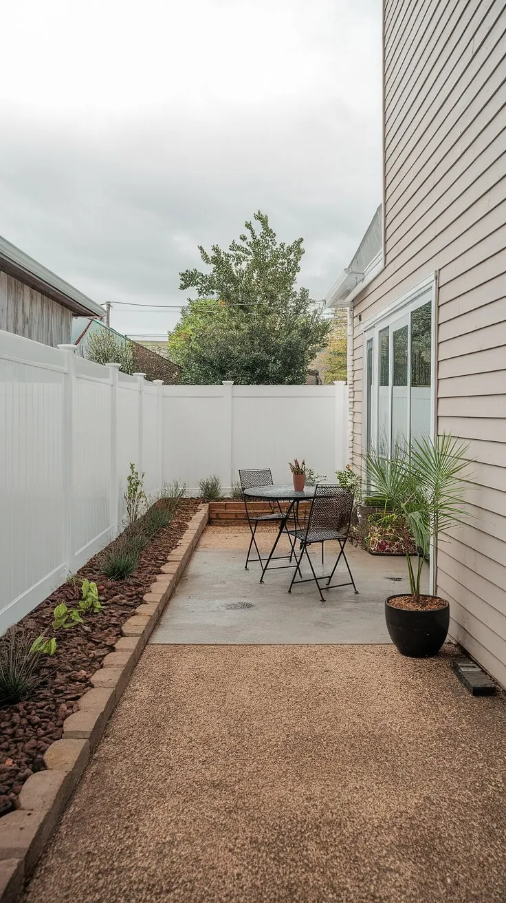 A small, peaceful backyard patio offers a tranquil escape despite the overcast sky