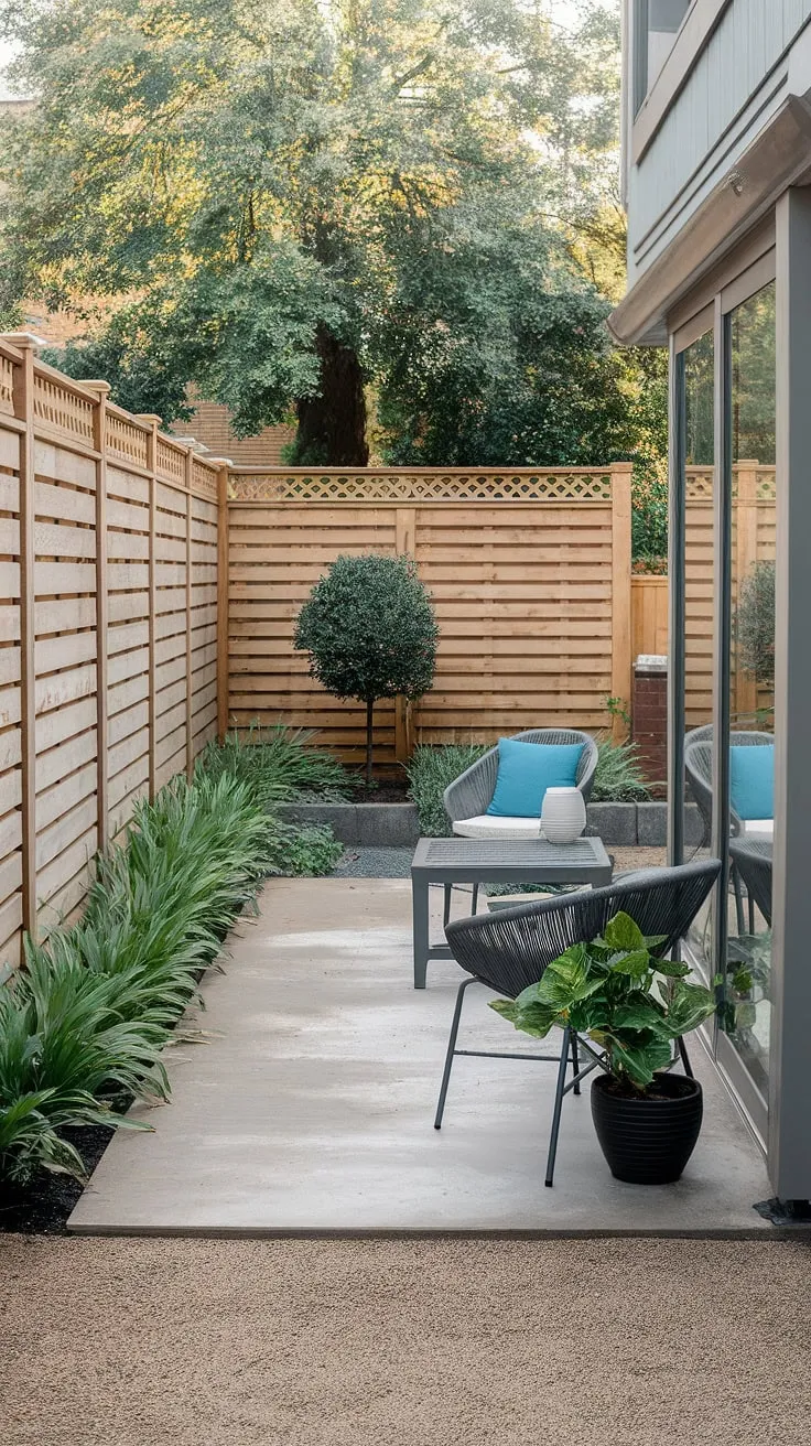 A charming small backyard patio, complete with concrete, furniture, and potted plants, offers a peaceful retreat.
