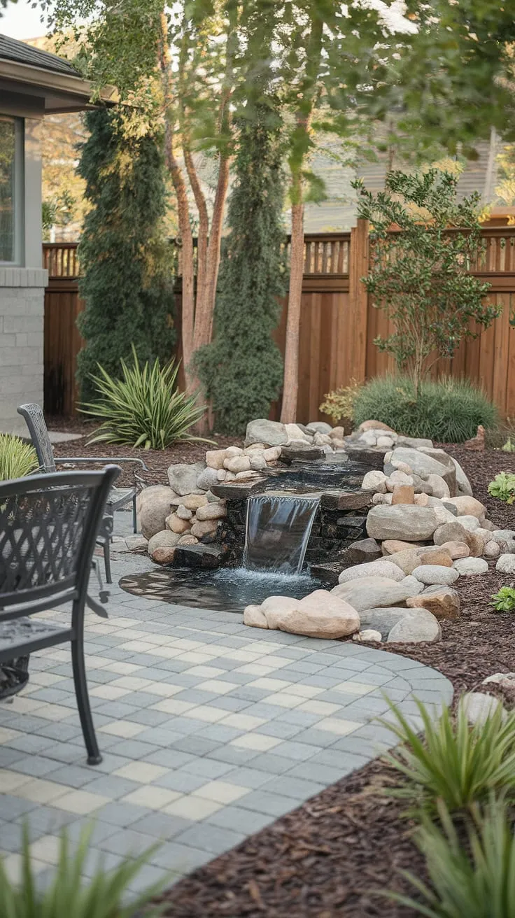 Serene backyard patio with a charming waterfall feature, nestled amongst lush landscaping and a wooden fence.