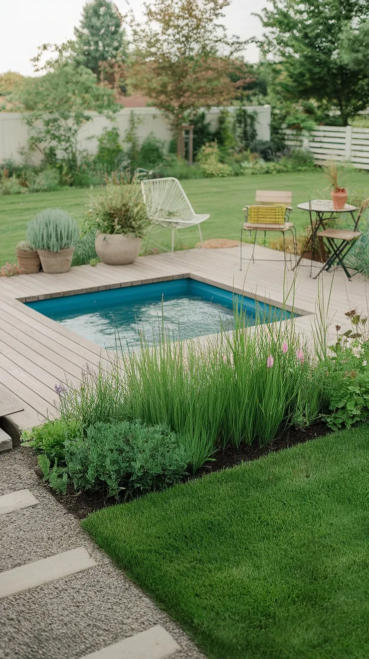 Escape to a tranquil backyard oasis featuring a petite pool, wooden deck, and vibrant garden