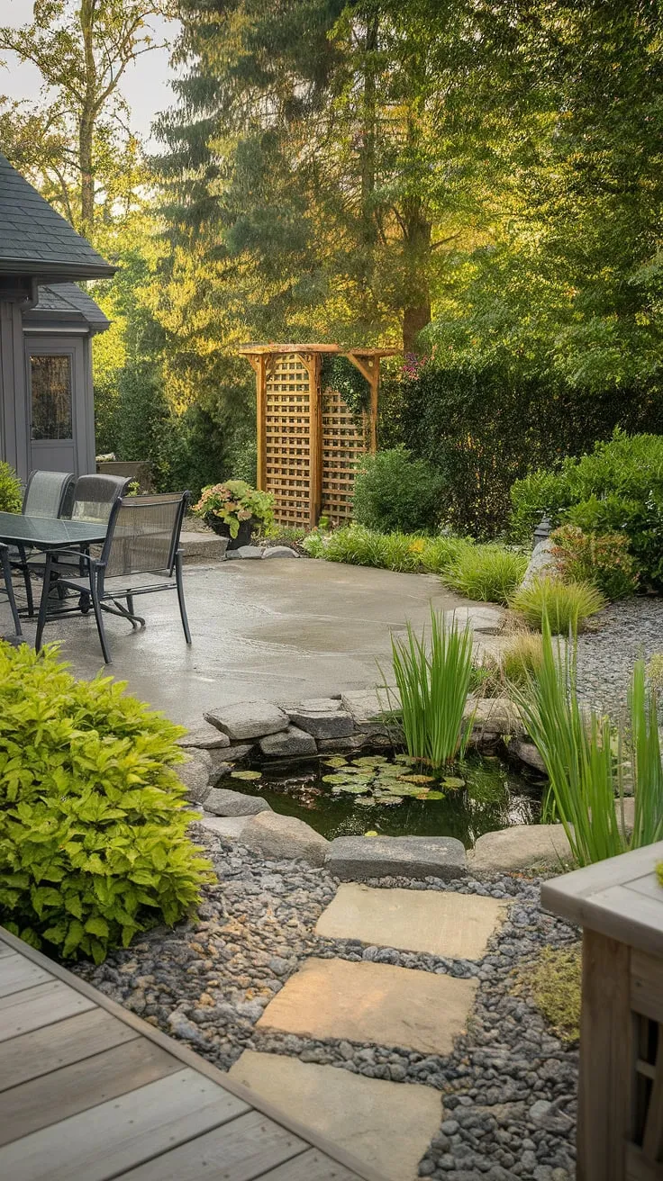 A serene backyard patio, complete with a pond, wooden deck, and stone pathway, offers a tranquil escape.