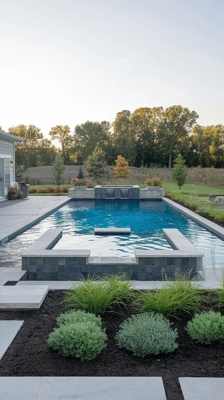 Luxury abounds in this modern backyard oasis featuring a stunning pool, tanning ledge, and private pool house.