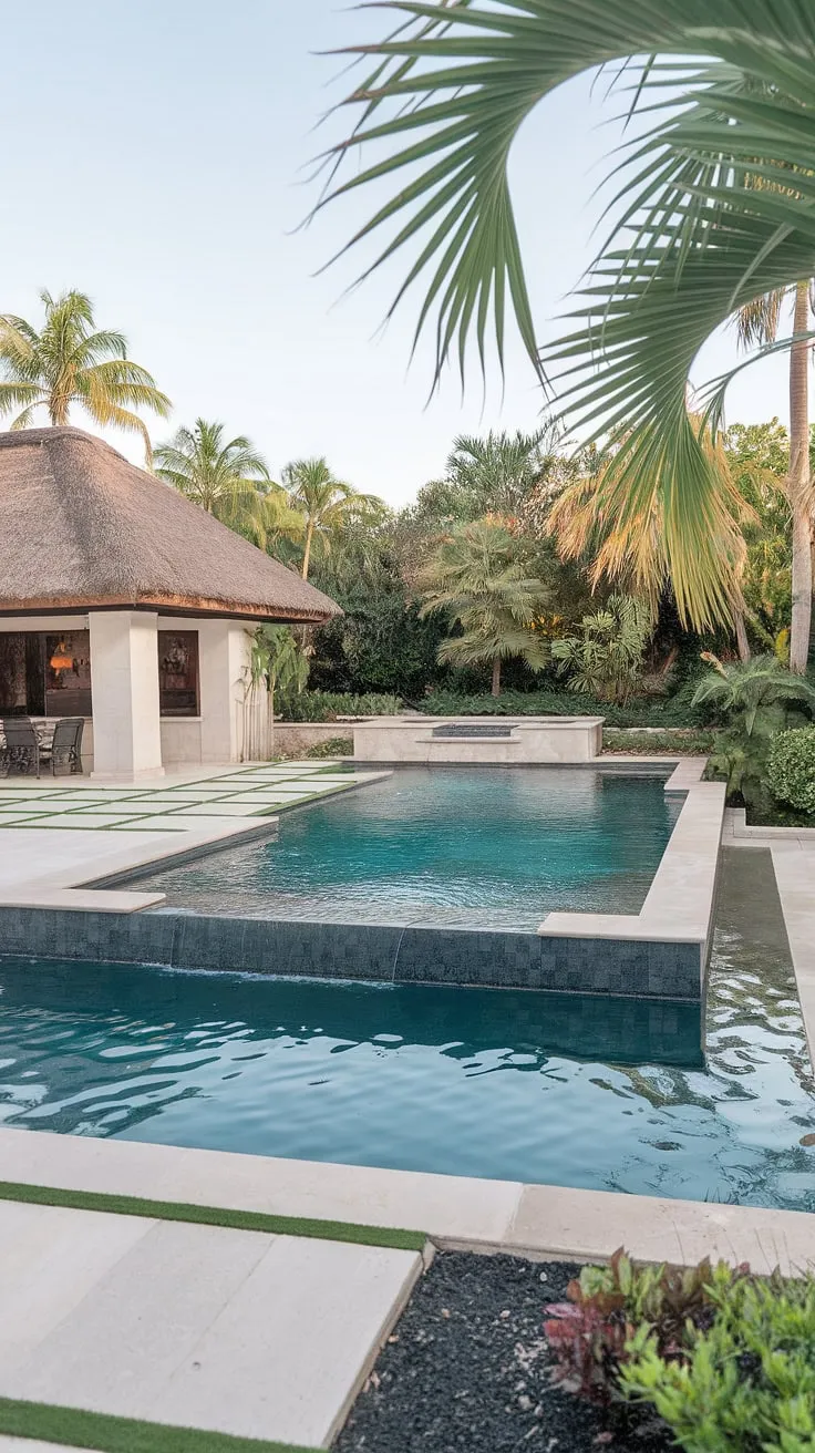 Escape to a luxurious tropical oasis featuring a stunning pool and private thatched-roof pool house