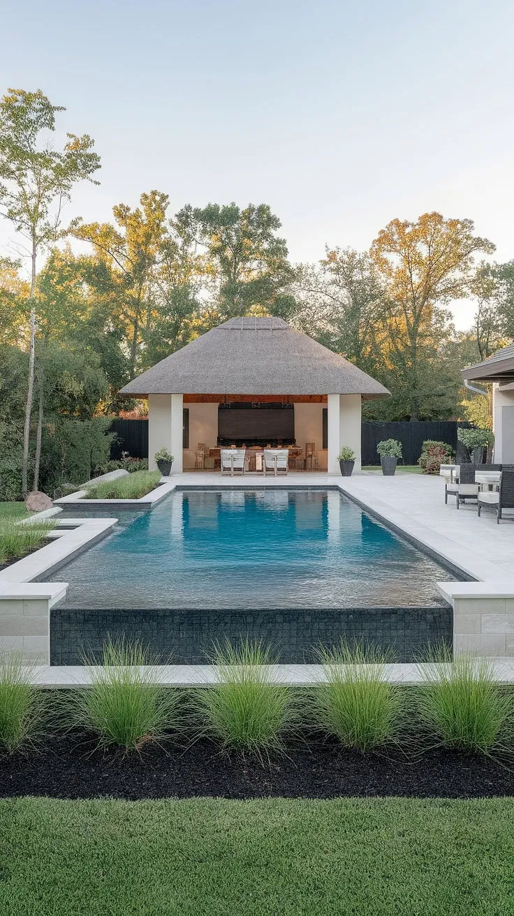 Luxury redefined a modern poolside oasis with a thatched pool house and expansive patio.