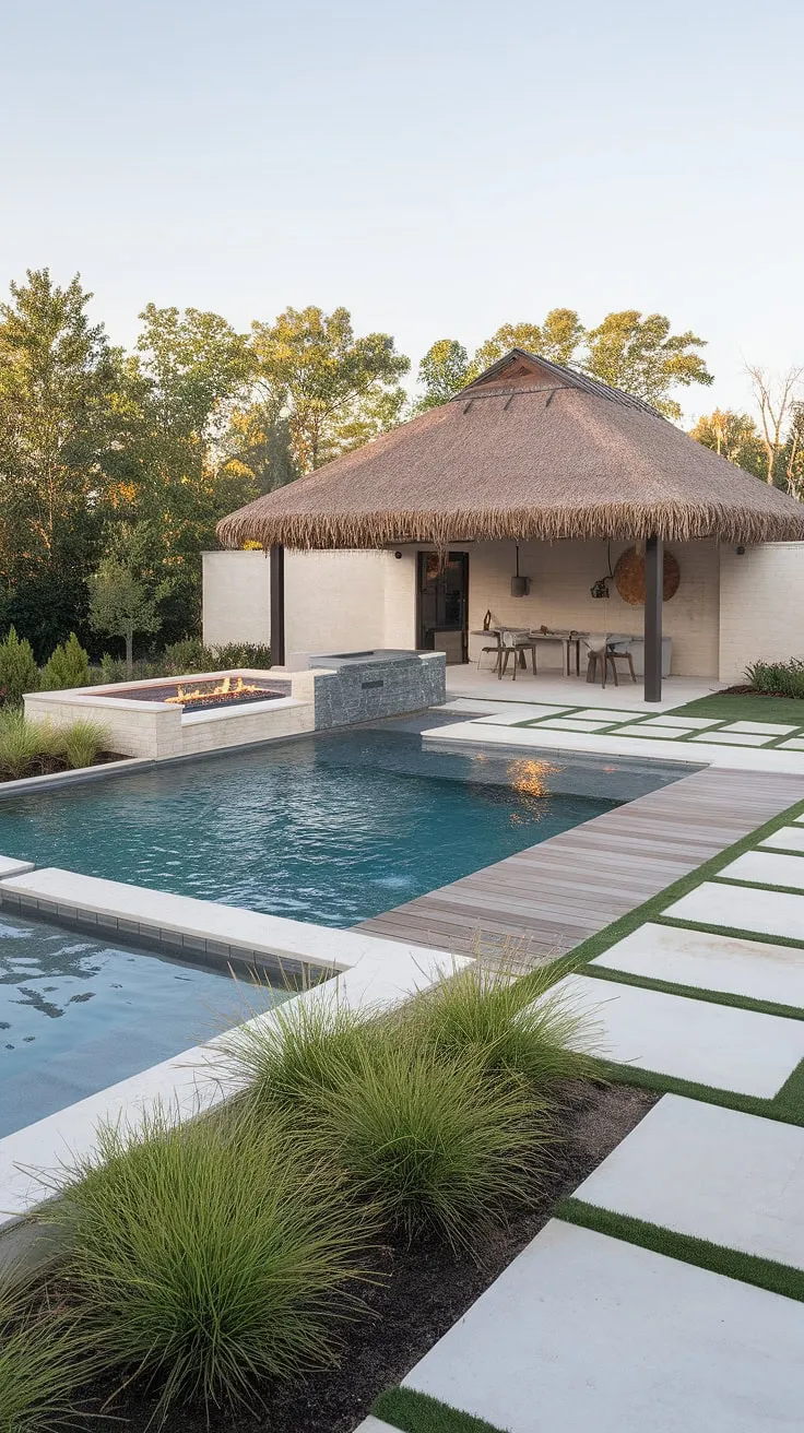 A tranquil escape awaits in this elegant backyard featuring a pool, pool house, and inviting fire pit.