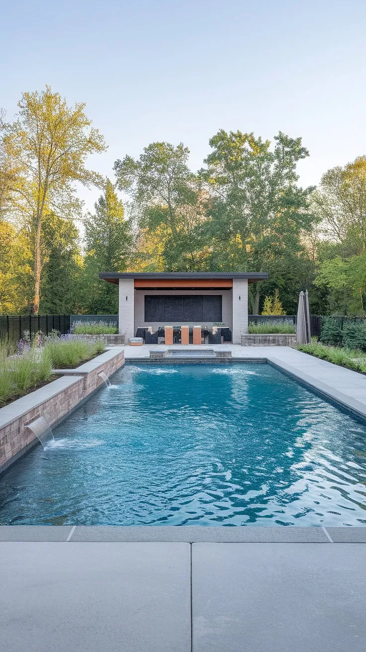 Crystal-clear water and lush landscaping define this elegant, concrete-paved pool area.