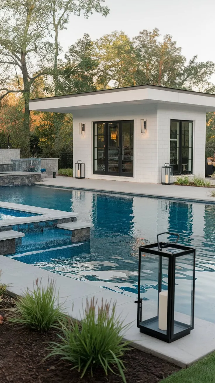 Modern architecture and lush greenery create a tranquil and opulent poolside escape.