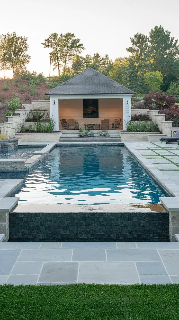 A serene backyard oasis features a modern inground pool, stone deck, and charming pool house nestled amongst lush greenery.