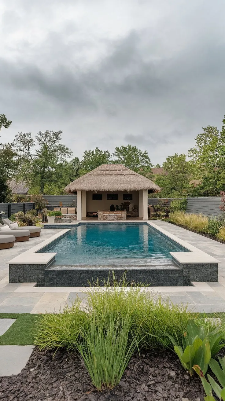 A luxurious, overcast-sky backyard oasis features a modern pool, tanning ledge, thatched pool house, and stone paving.