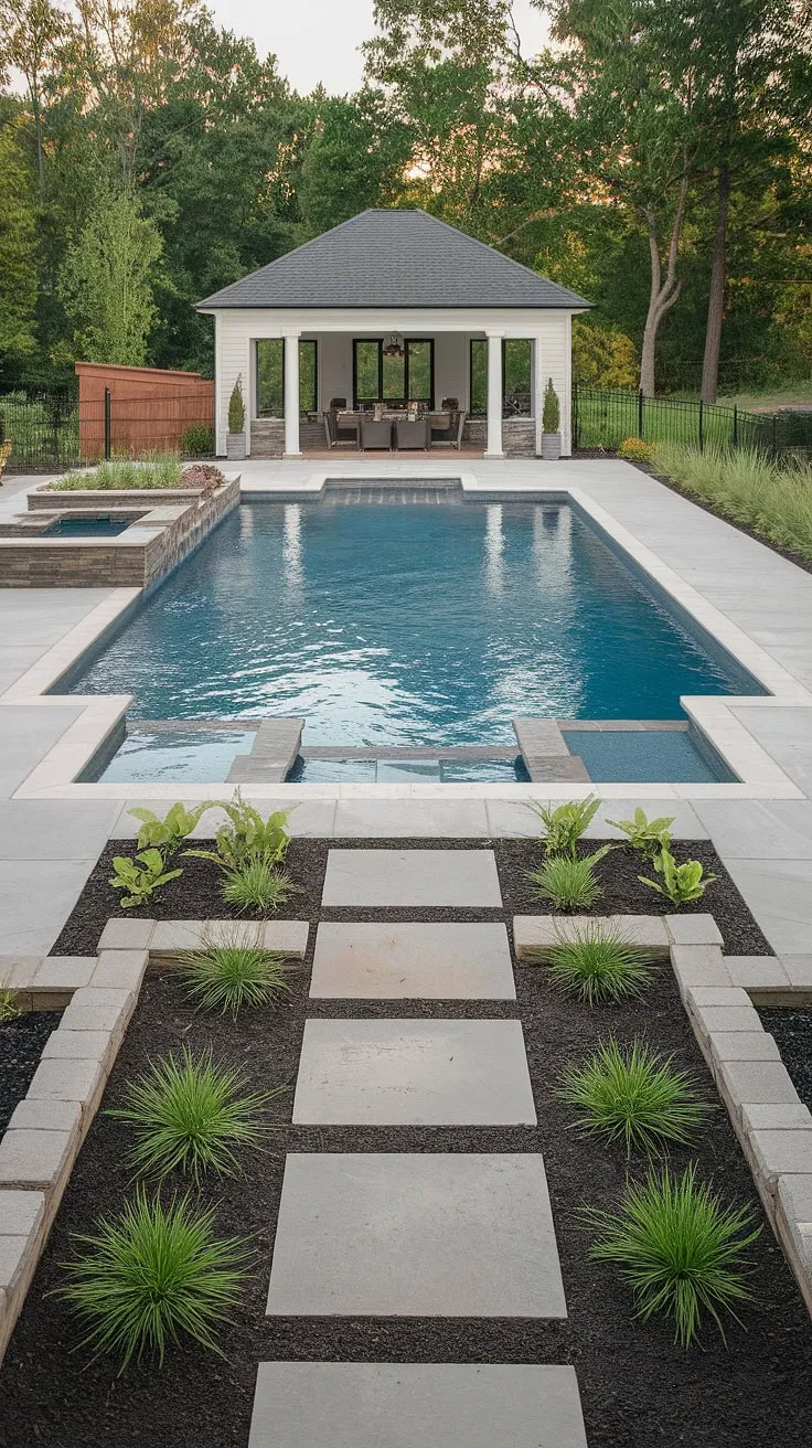 A luxurious backyard oasis features a modern inground pool with a tanning ledge, a charming pool house, and meticulous landscaping.