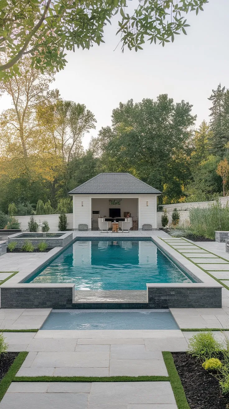 A sophisticated backyard design centers on a pristine pool, complemented by a stylish pool house and meticulously planned hardscaping.