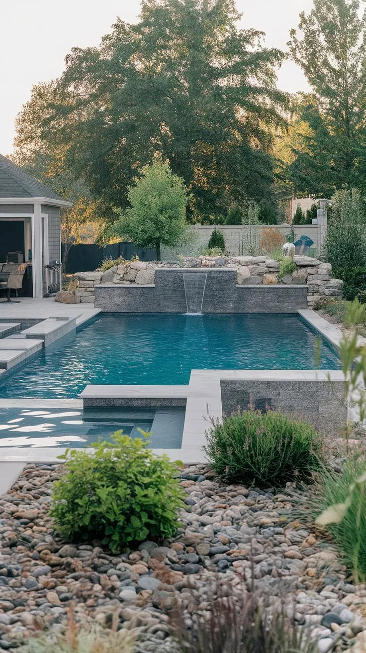 A tranquil backyard escape boasts a luxurious pool, waterfall feature, and charming pool house.
