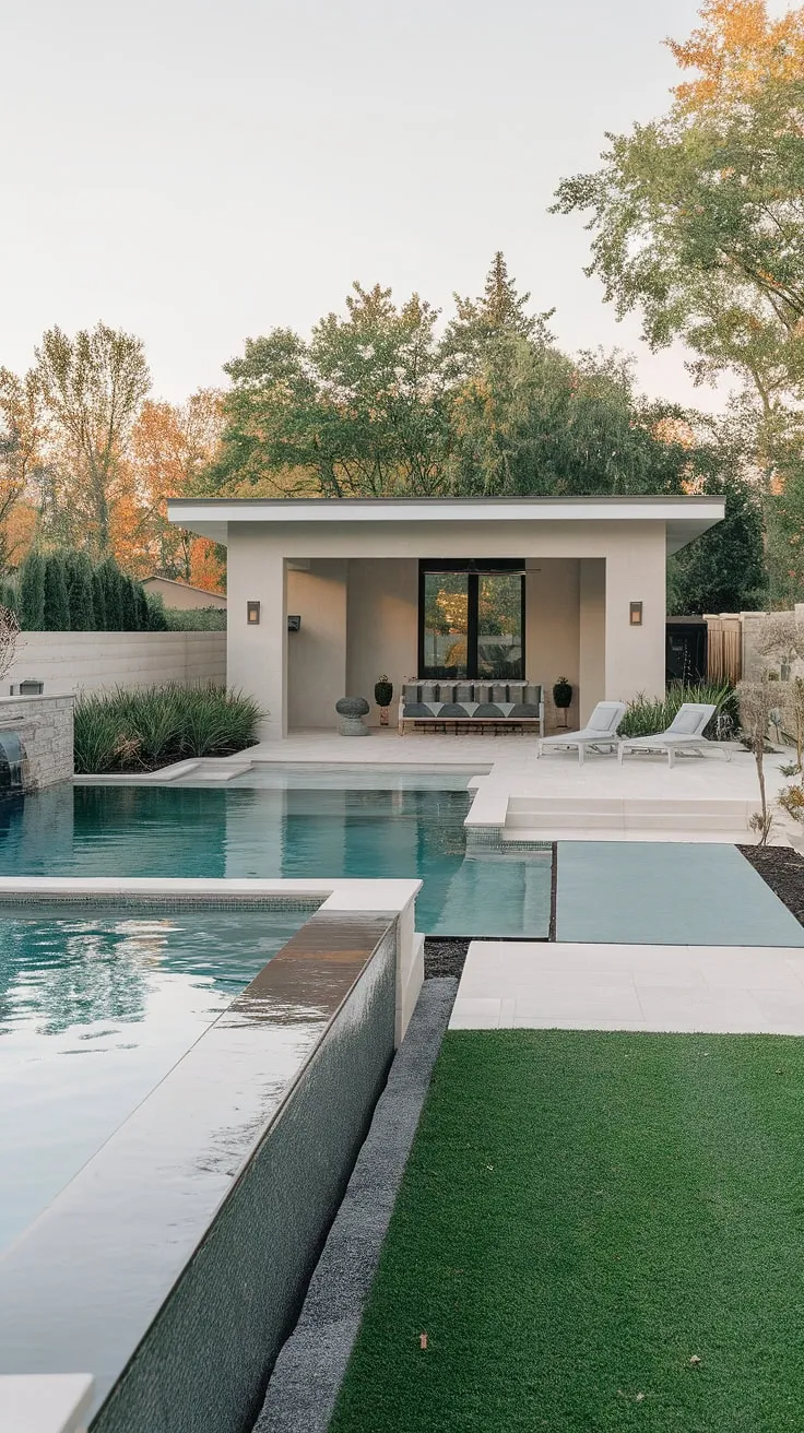 A modern poolside escape offers ultimate relaxation with lush landscaping and elegant architecture.
