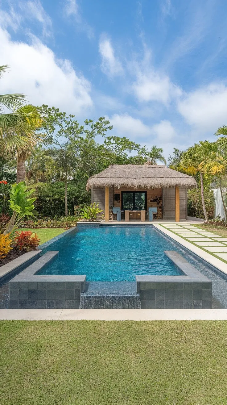 A stunning backyard oasis boasts a modern inground pool, a charming thatched-roof pool house, and lush tropical landscaping.