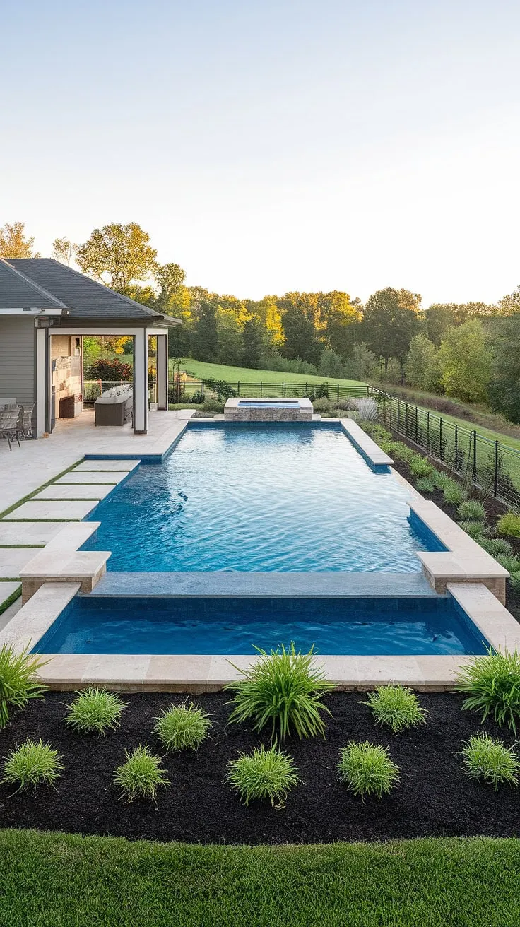 Escape to an idyllic backyard oasis featuring a modern pool, luxurious landscaping, and a private pool house