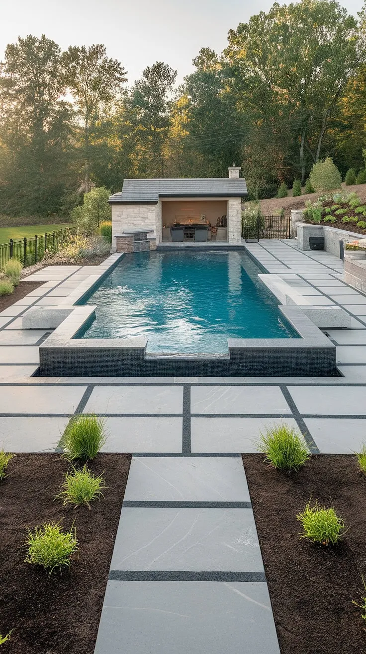 Luxury backyard oasis features a modern inground pool with tanning ledge and private pool house