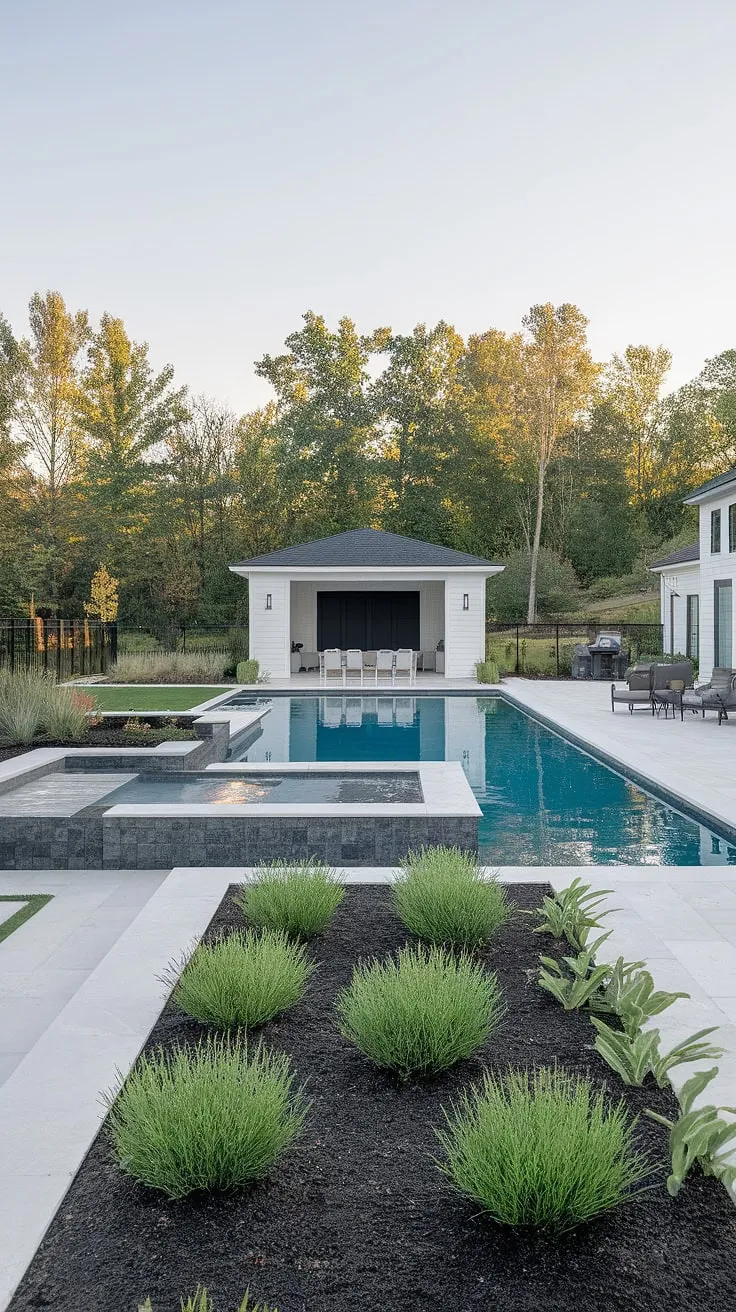 A luxurious modern backyard boasts a tranquil inground pool, complete with a tanning ledge, lush landscaping, and a stylish pool house.