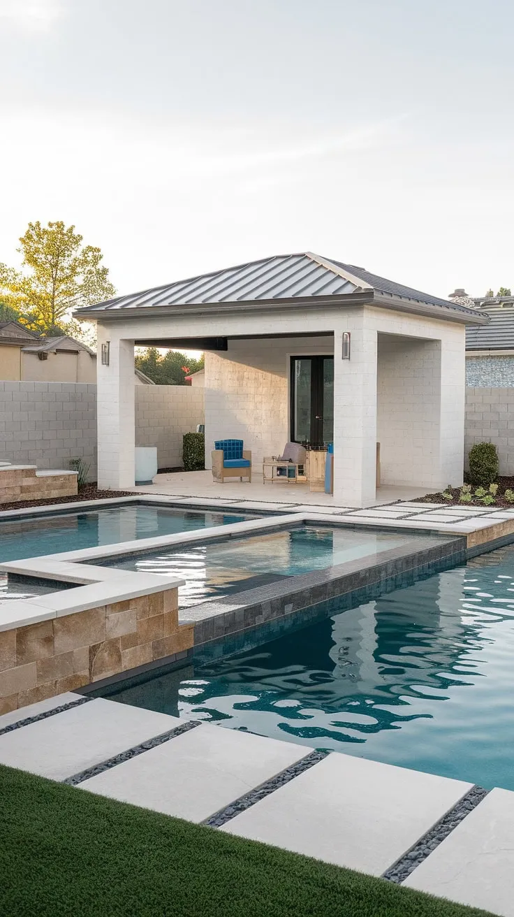 Luxury redefined a modern backyard oasis features an inground pool with tanning ledge and stylish pool house