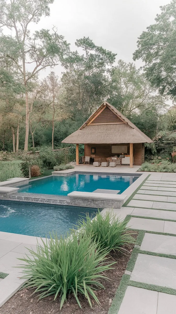 Luxury abounds in this serene backyard oasis featuring a modern inground pool, a thatched-roof pool house, and lush landscaping.