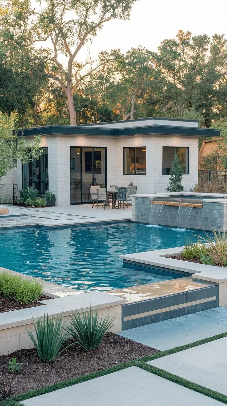 Luxury abounds in this modern backyard oasis featuring a stunning pool, waterfall, and private pool house.