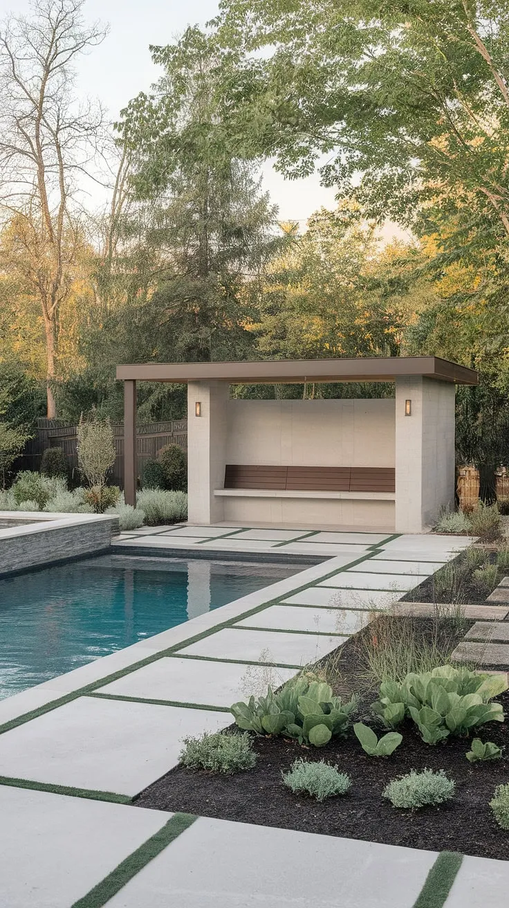 A sophisticated backyard retreat features a pristine pool, a comfortable pool house, and lush landscaping.