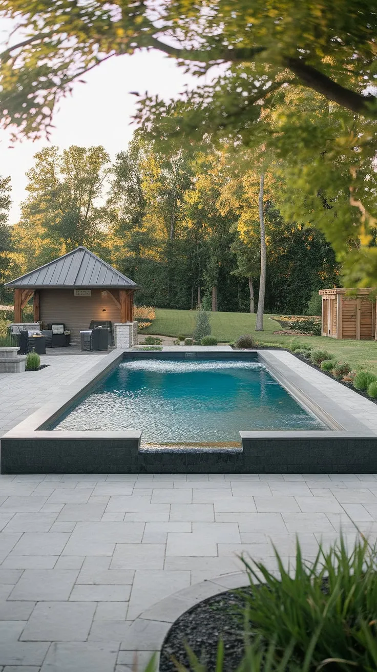 A paved patio surrounds a sleek inground pool and pool house nestled within a beautifully landscaped backyard.