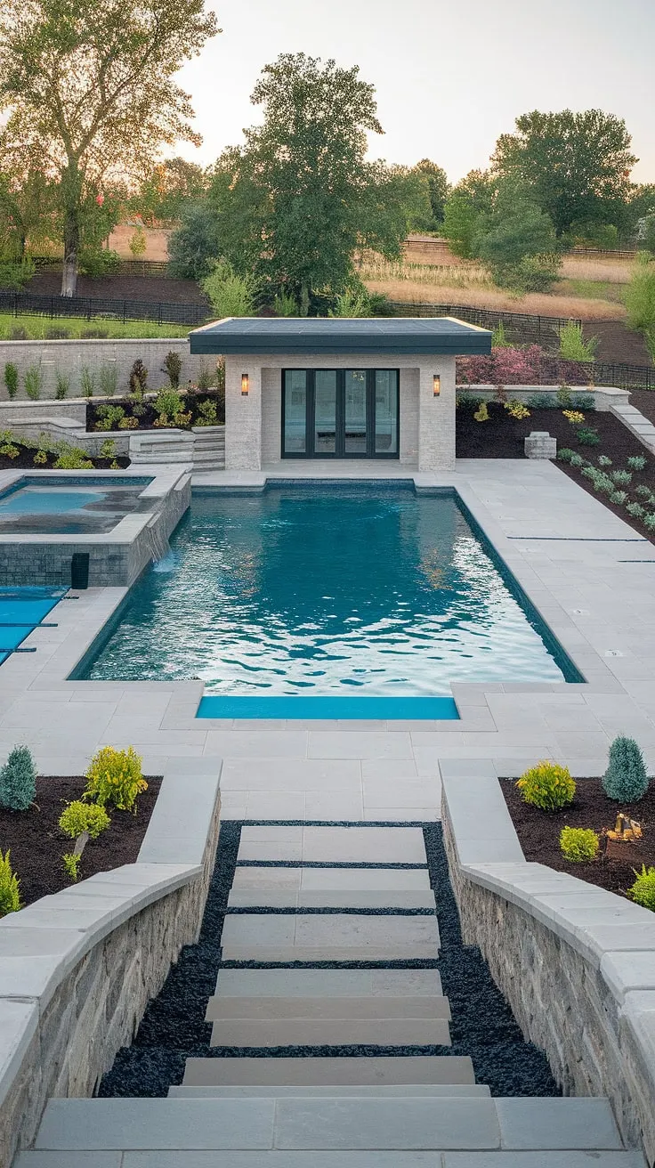 Escape to an idyllic luxury backyard oasis featuring a pristine pool and modern pool house