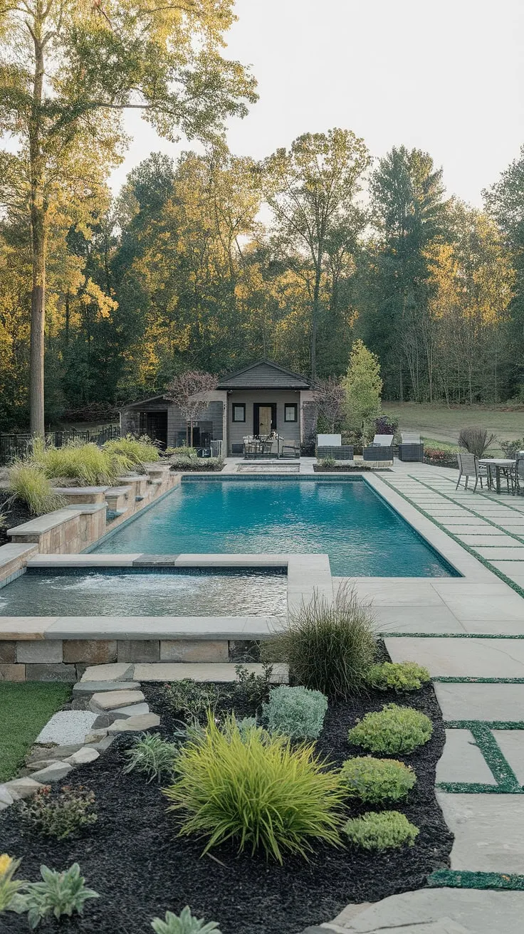 Luxury abounds in this modern backyard oasis featuring a stunning pool and tranquil landscaping