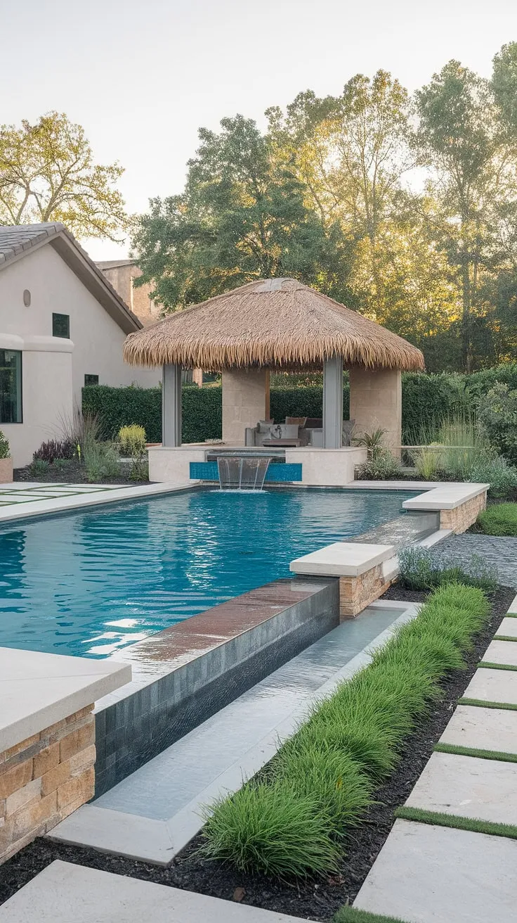 A modern oasis awaits, featuring a waterfall pool, thatched pool house, and lush greenery.