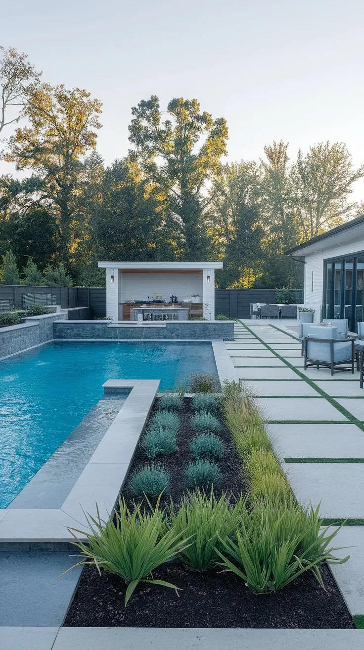 Cool sophistication defines this elegant pool and patio retreat.