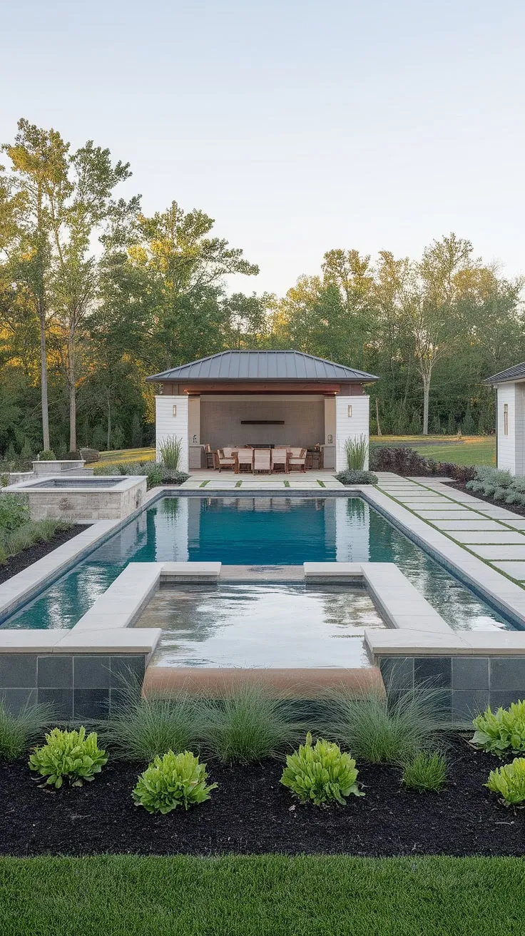 Luxury redefined a modern backyard oasis featuring an inground pool, tanning ledge, and stylish pool house.