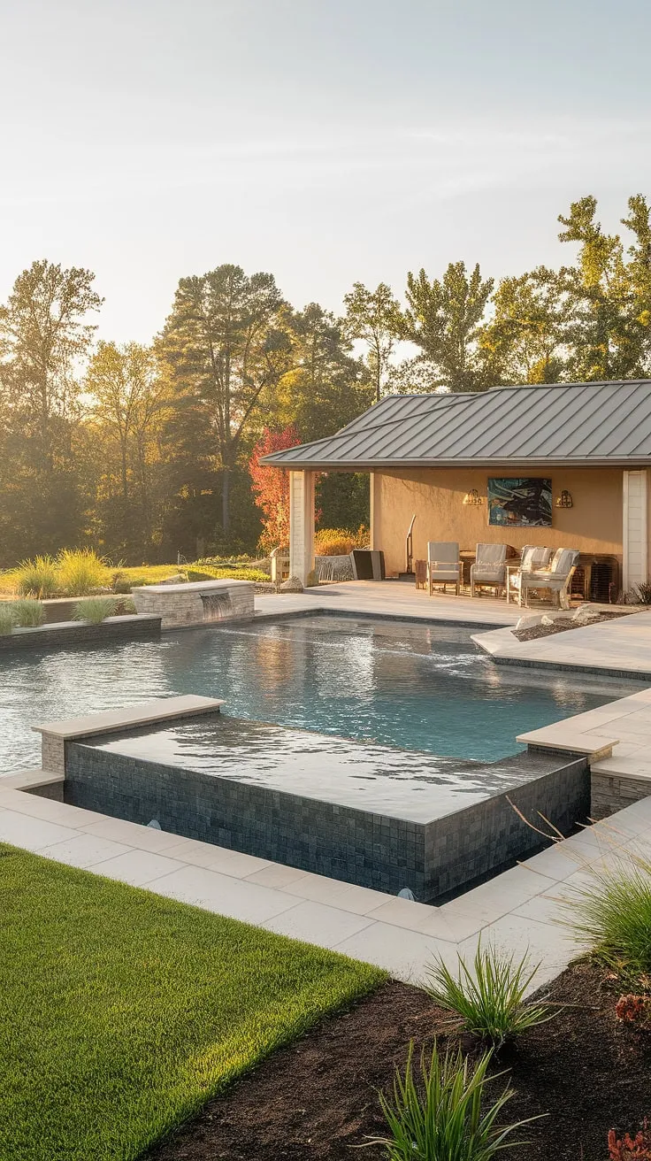 Warm sunlight bathes a luxurious backyard oasis featuring a modern pool, tanning ledge, patio, and stylish pool house.