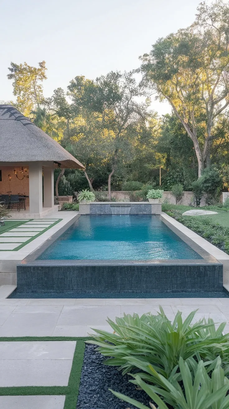 Escape to a luxurious backyard oasis featuring a pristine pool, expansive patio, and tranquil pool house.