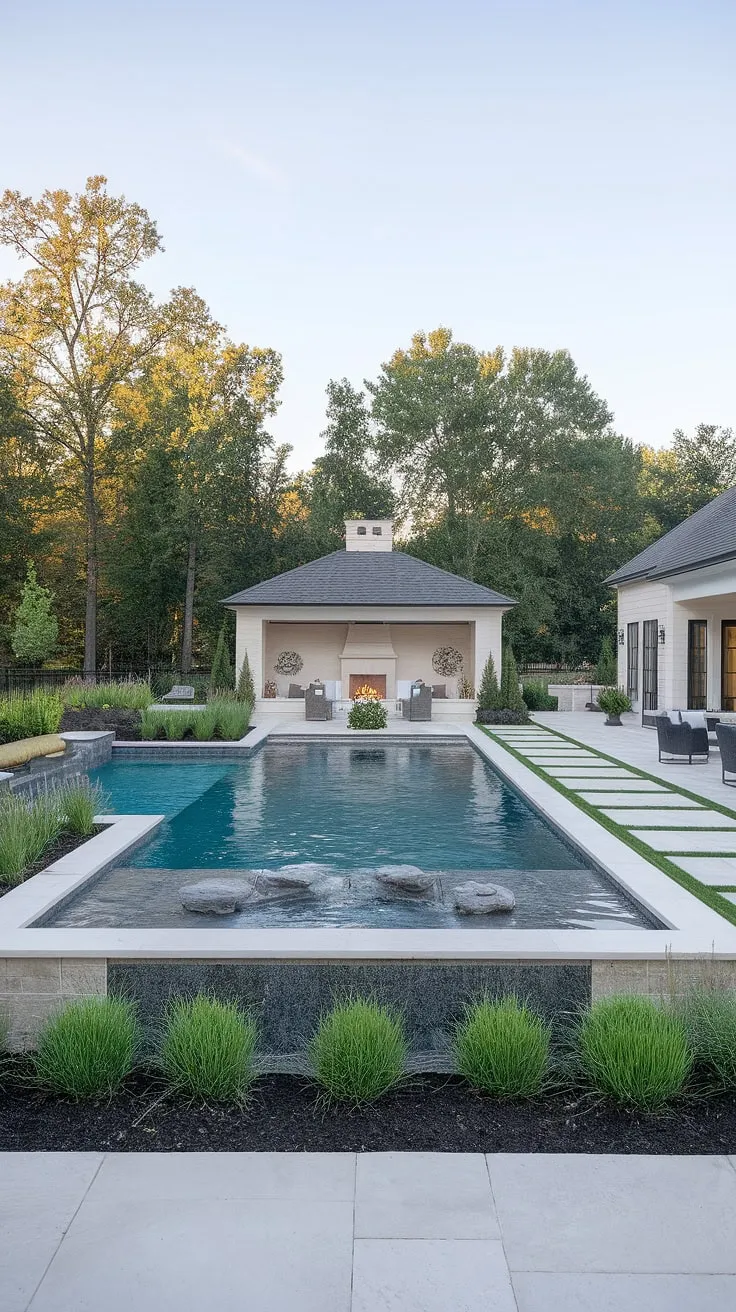 A sophisticated poolside retreat offers ultimate relaxation with lush landscaping and a fireplace-equipped pool house.