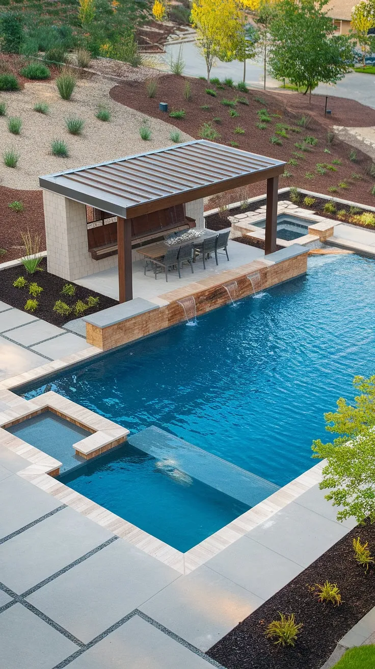 Luxury outdoor living is defined by this modern backyard oasis featuring a stunning pool, inviting pool house, and lush landscaping