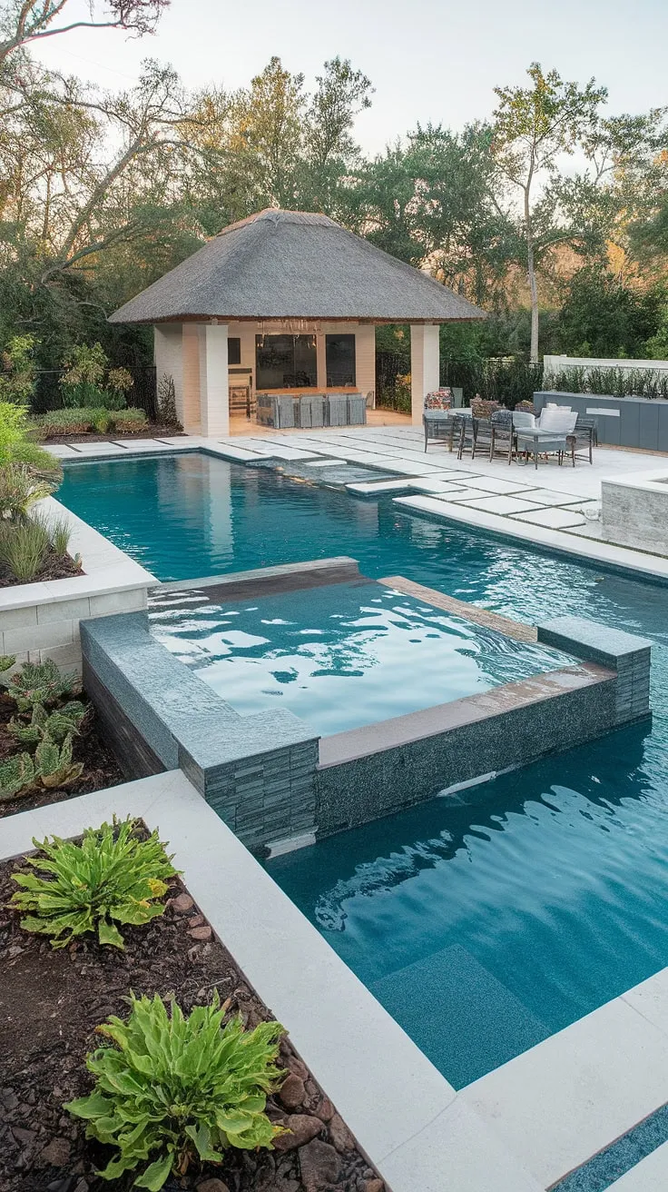 A luxurious backyard oasis features a crystal-clear modern pool, a thatched-roof pool house, and lush landscaping creating a serene escape.