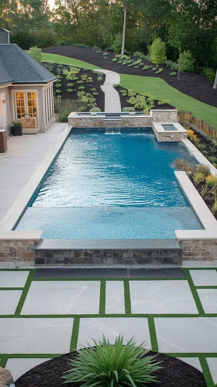 A modern inground pool, complete with tanning ledge and pool house, creates a luxurious backyard oasis perfect for relaxation.