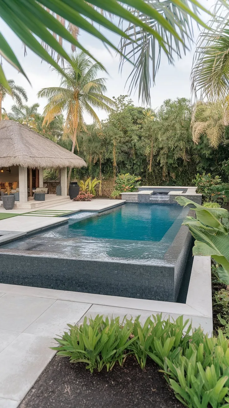 A dream backyard awaits with a cool pool, lush landscaping, and a thatched-roof pool house.