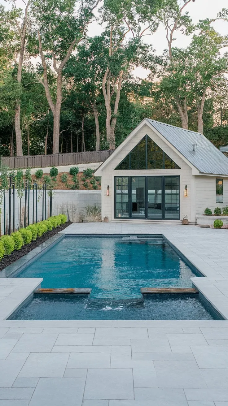Luxury redefined a backyard oasis featuring a modern pool and sleek pool house