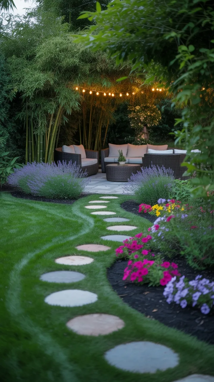 Moonlit Bamboo Hideaway with Lavender-Lined Path and Cozy Stone Patio