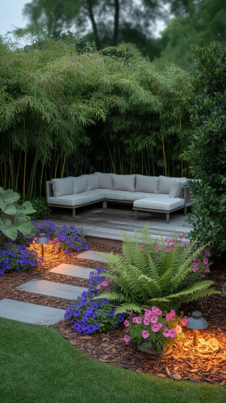 Secluded Bamboo Garden Lounge with Softly Lit Pathways