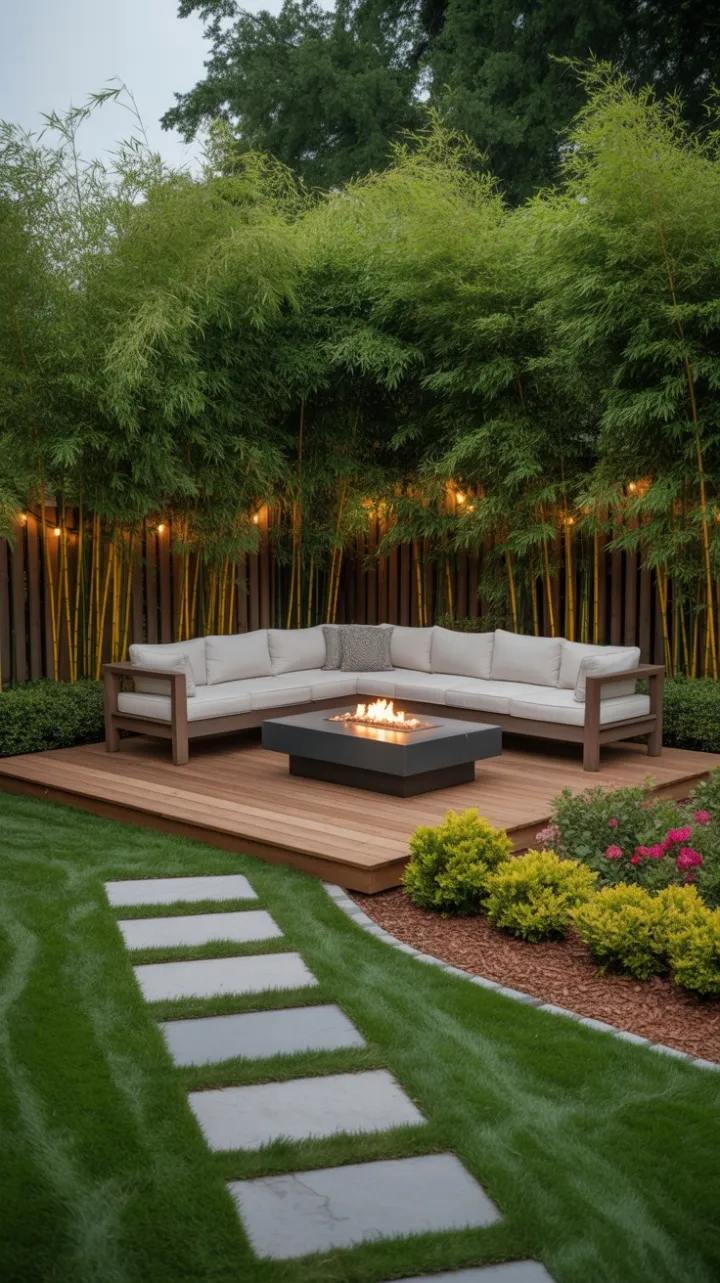 Bamboo-Lit Backyard Oasis with Cozy Fire Pit and Private Deck