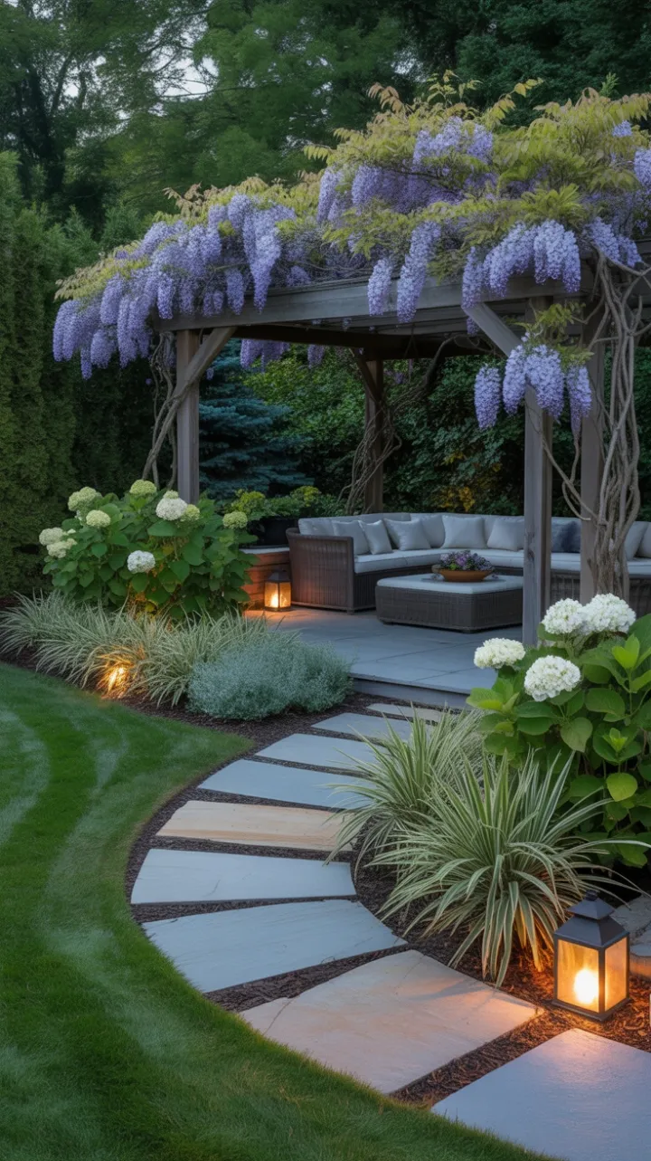 Wisteria-Shaded Backyard Retreat Bathed in Lantern Glow